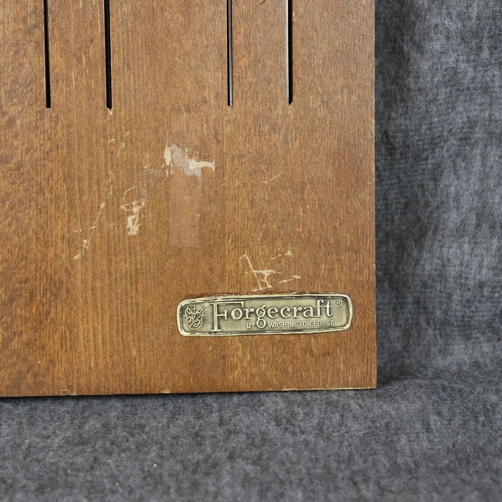 Vintage Forgecraft Knife Set Of 8 Brown Wood Handles Rack Stainless Kitchen